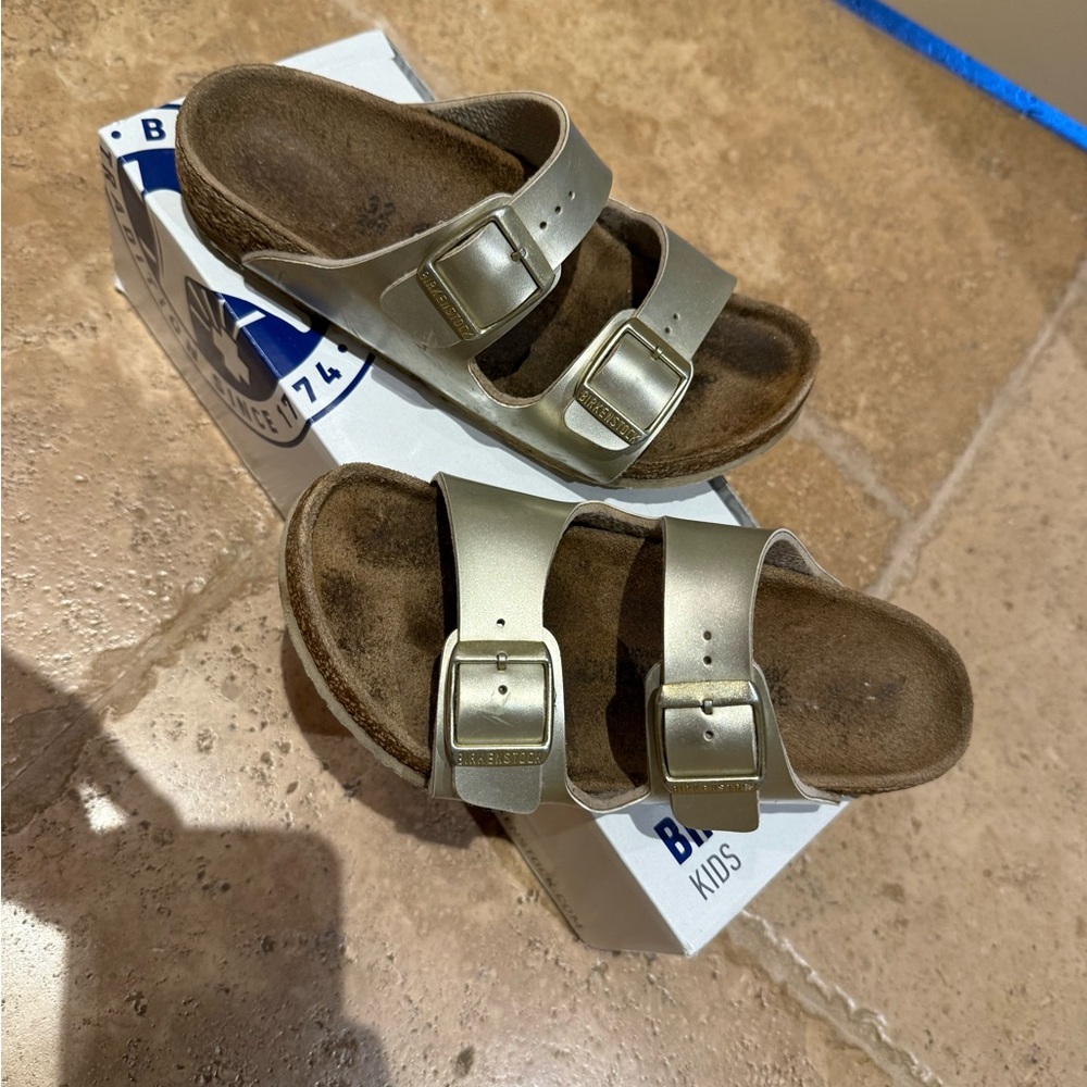 Birkenstock Kids Metallic Gold Two-Strap Sandals